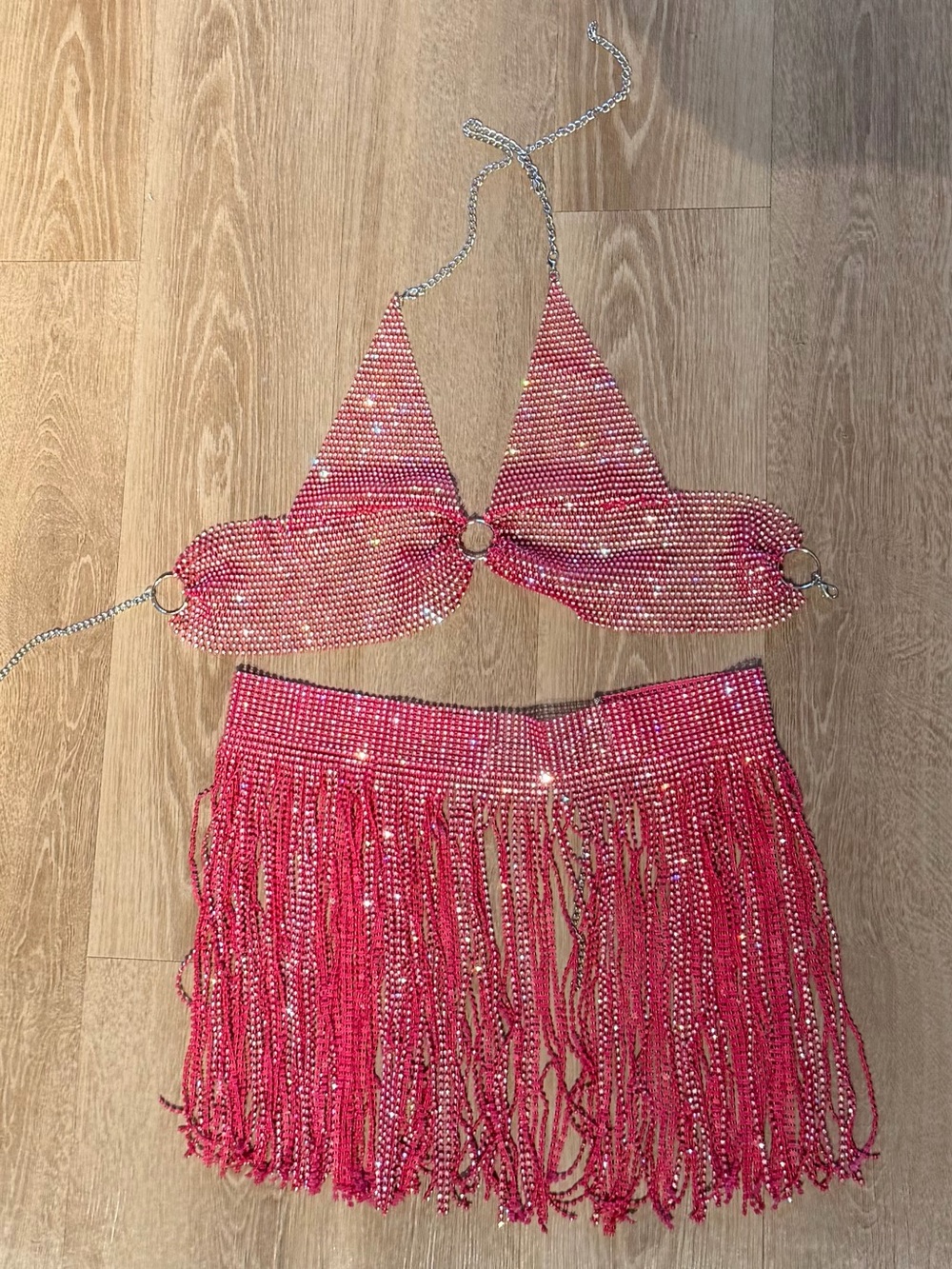 Rhinestone Fringe Party Skirt and Bra Set in Hot Pink